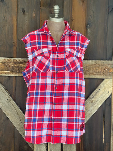 Coors Banquet Rodeo Sleeveless Flannel- Red/White/Blue Plaid